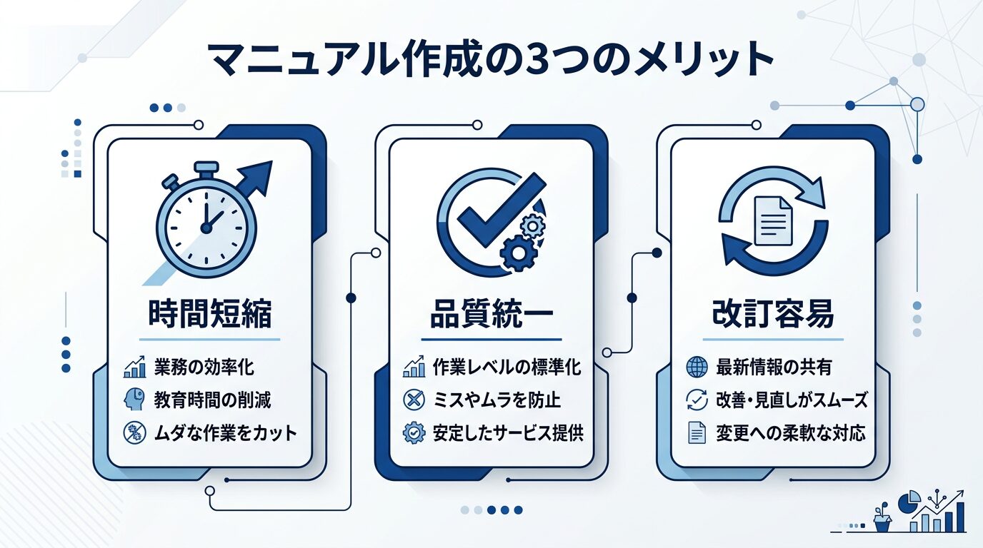 マニュアル作成の3つのメリットを横並びに配置したインフォグラフィック。時計アイコン（時間短縮）・チェックマークアイコン（品質統一）・更新アイコン（改訂容易）の3カラム構成