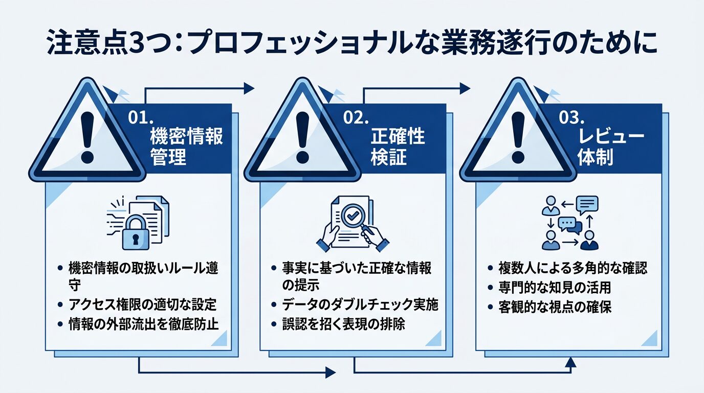 注意点3つ（機密情報管理・正確性検証・レビュー体制）を三角形の警告マークとともに並べた図解