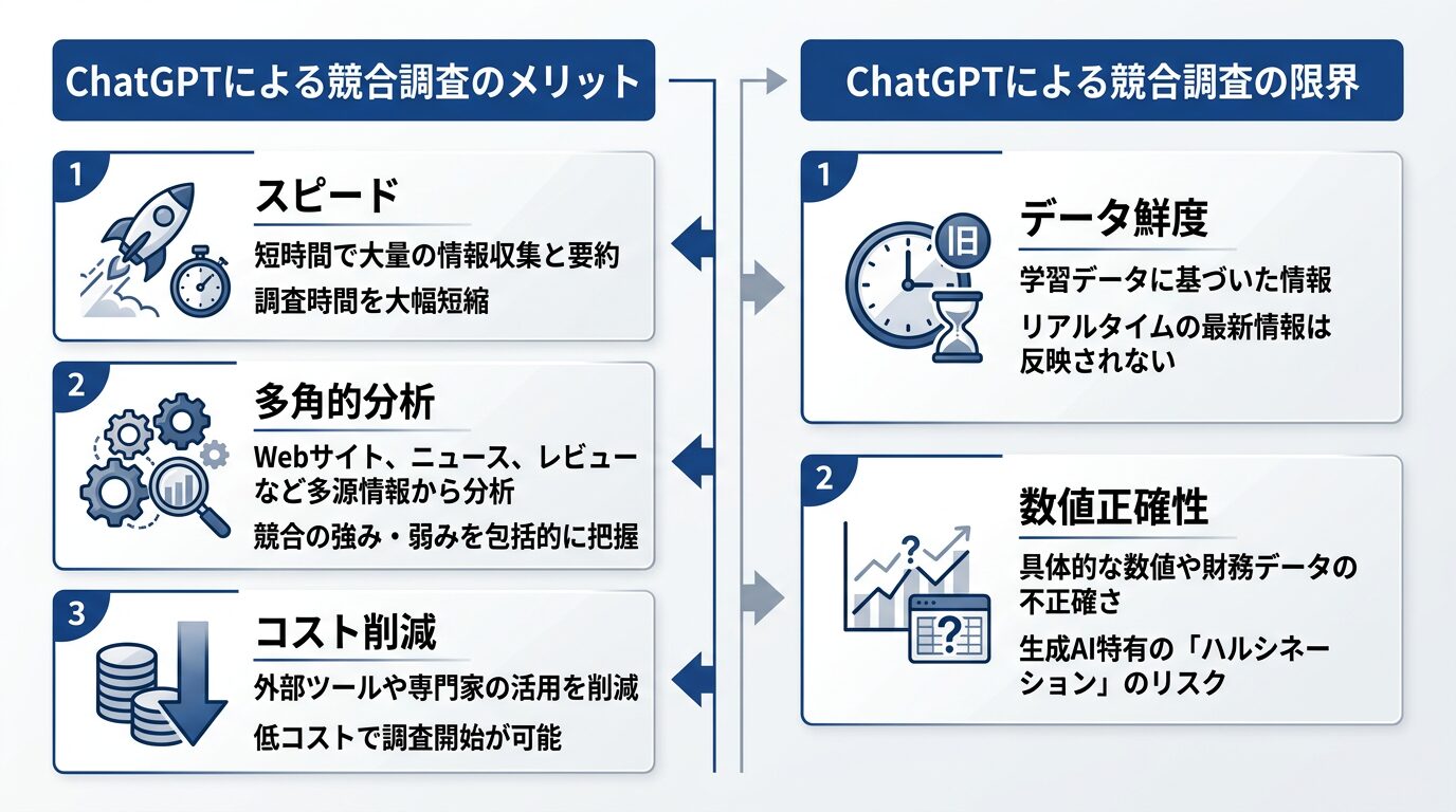 ChatGPTによる競合調査のメリット3つと限界2つを対比で示したインフォグラフィック。左側にメリット(スピード・多角的分析・コスト削減)、右側に限界(データ鮮度・数値正確性)を配置
