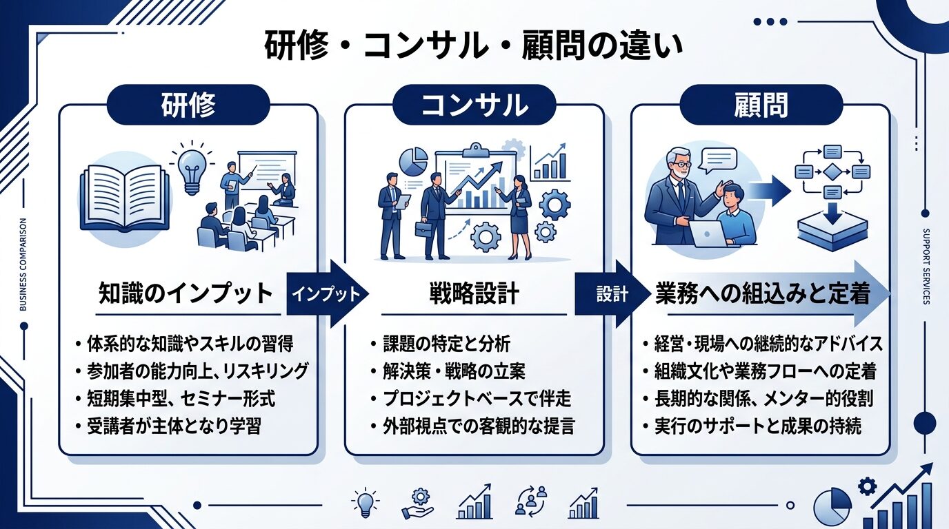 AI研修・AIコンサルティング・生成AI顧問の違いを示した比較図