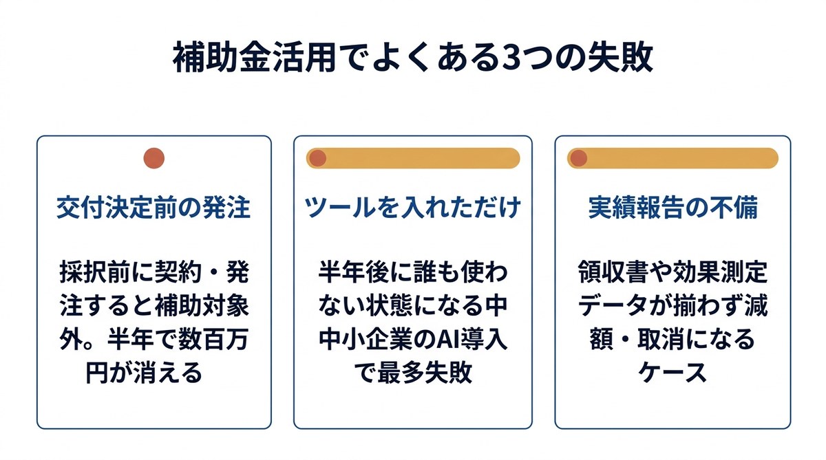 AI導入補助金活用でよくある3つの失敗を横並びカード型で示した図解