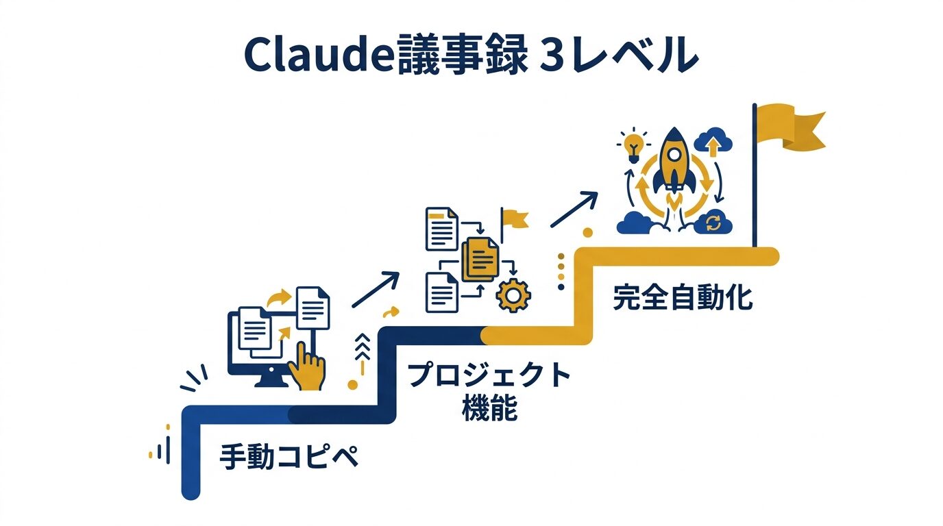 Claude議事録自動化の3レベル(手動コピペ→プロジェクト機能→完全自動化)
