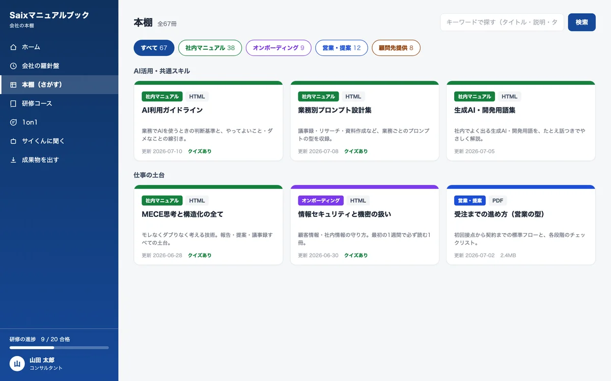 社内ポータルの本棚画面。カテゴリ別の色帯カードと検索・タグで資料に到達する