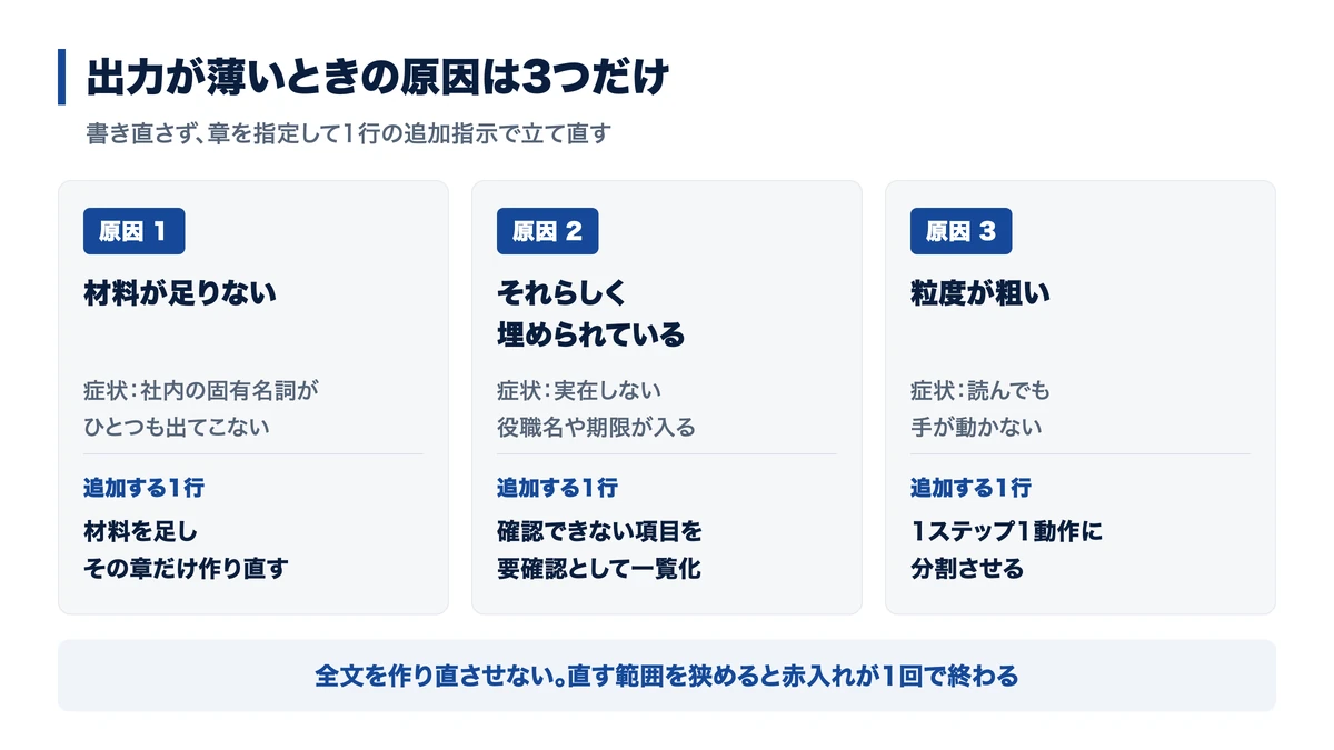 出力が薄い原因は3つ、いずれも追加指示1行で立て直せる