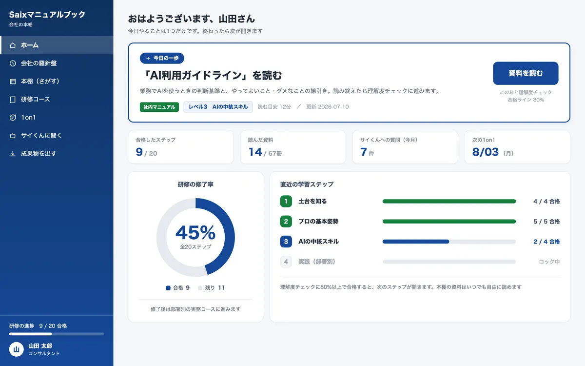 AIマニュアルのホーム画面(今日の一歩と研修の進捗)