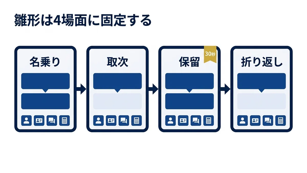 電話対応の雛形は名乗り・取次・保留・折り返しの4場面に固定する
