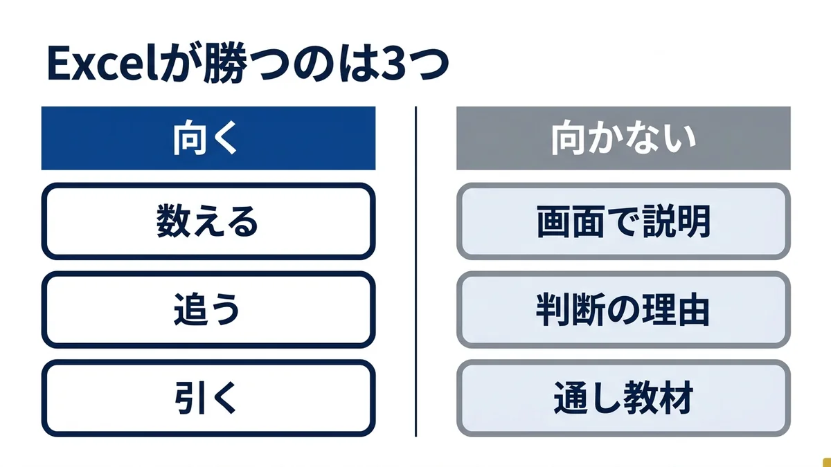 Excelが勝つのは数える・追う・引くの3つだけ