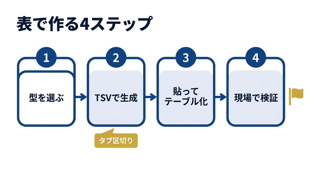 型を選ぶ、TSVで生成、貼り付け、現場で検証の4ステップ