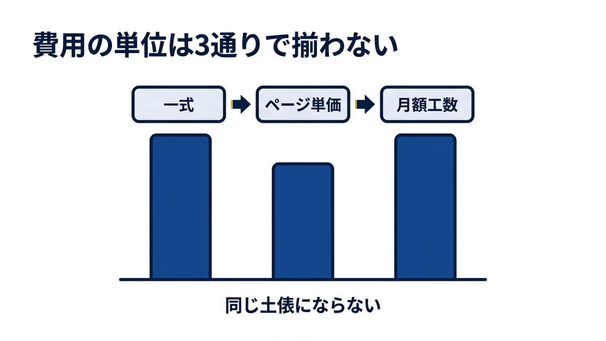 代行費用は一式・ページ単価・月額工数の3通りで並べられない