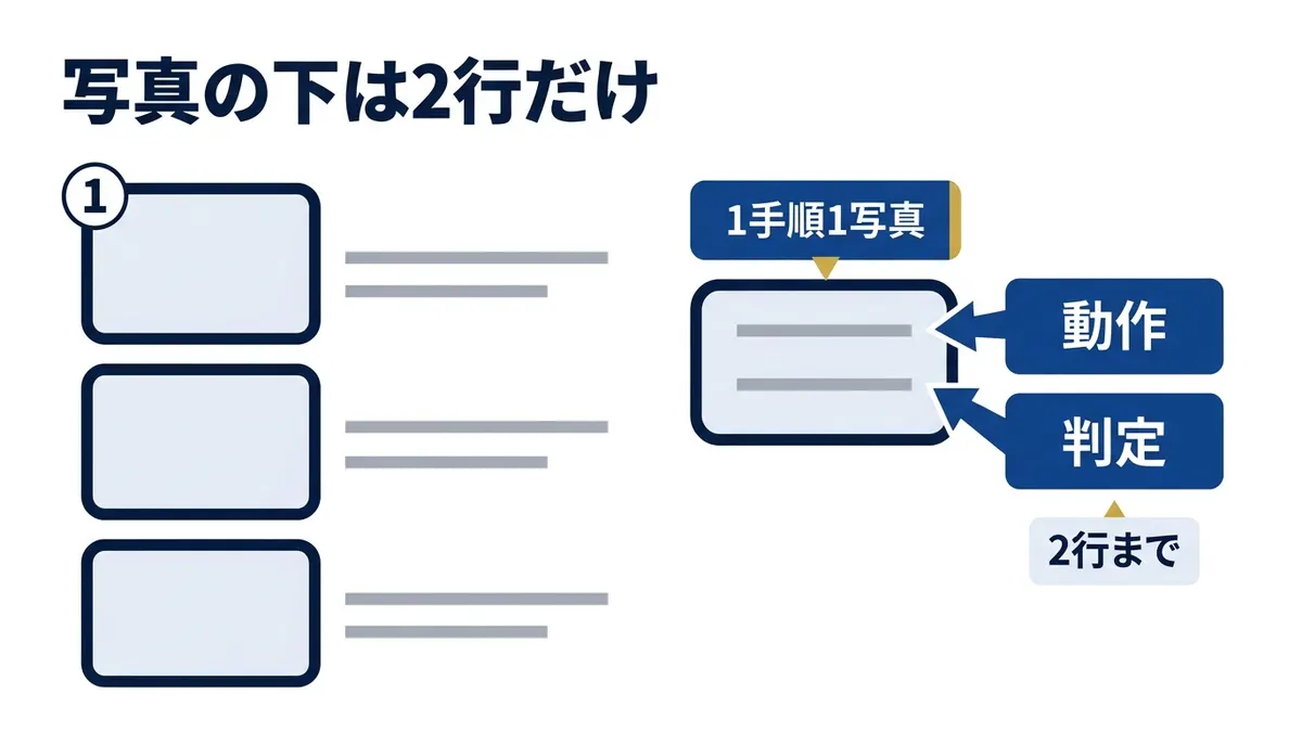 1手順1写真・写真の下は動作1行と理由1行だけ