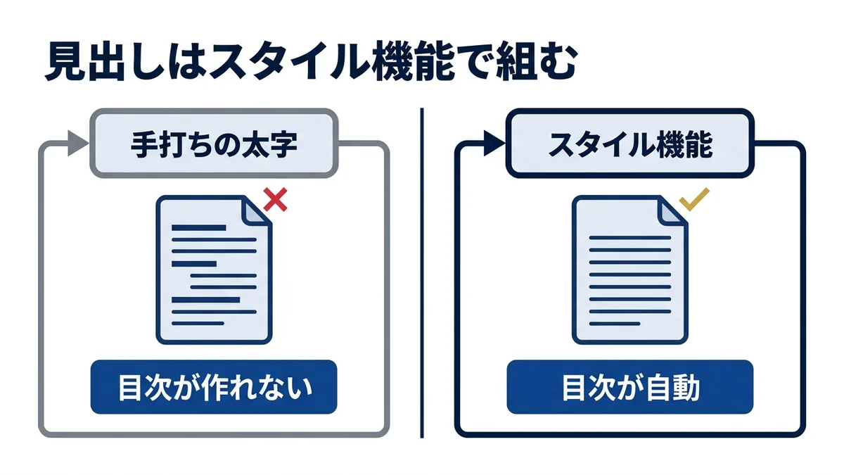 見出しは手打ちの太字ではなくスタイル機能で組む