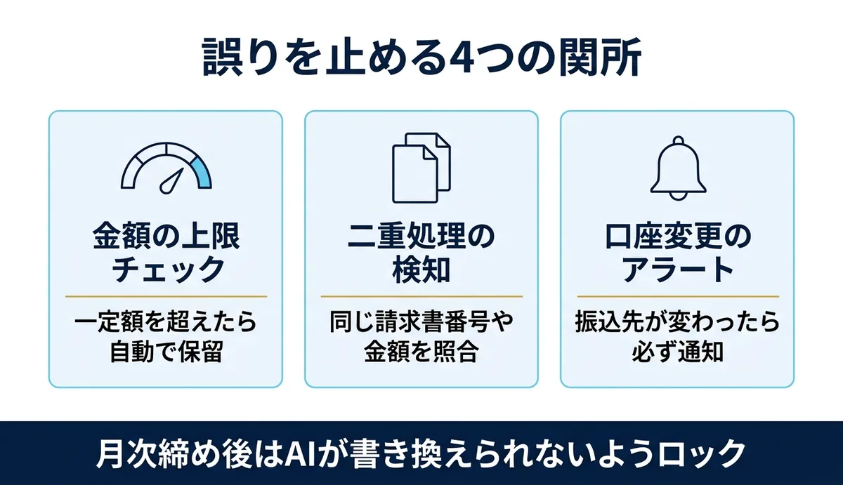 上限・二重検知・口座変更・月次ロックの4関所