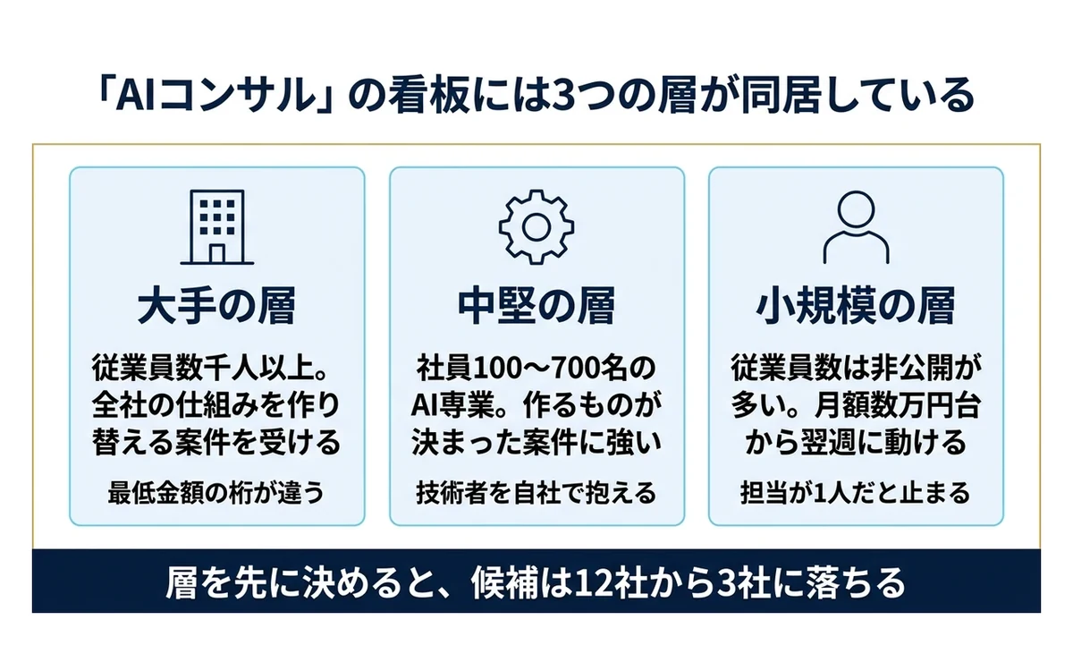 同じ看板の下に規模の違う3つの層が混ざっている