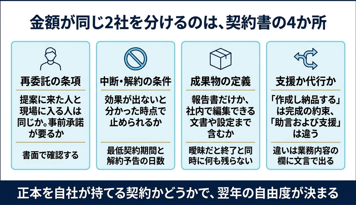 契約書で見る4点は再委託・中断条件・成果物の定義・支援と代行の境目