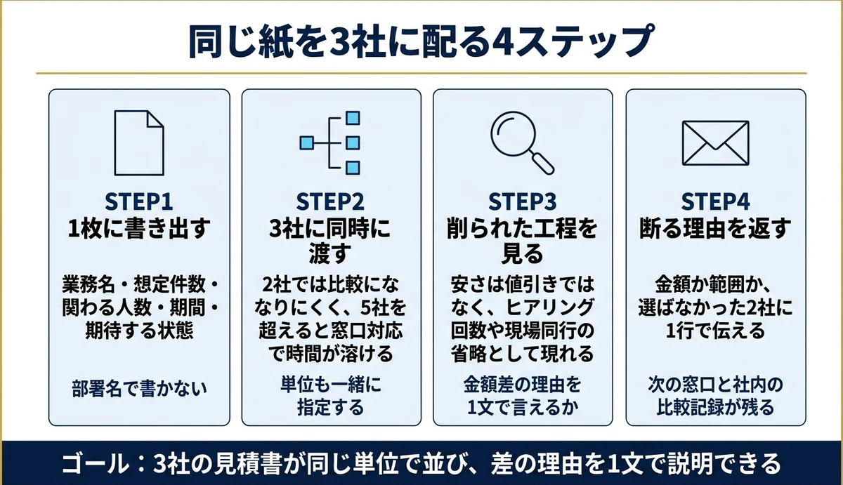 相見積もりは条件を1枚にまとめて3社へ同時に配る