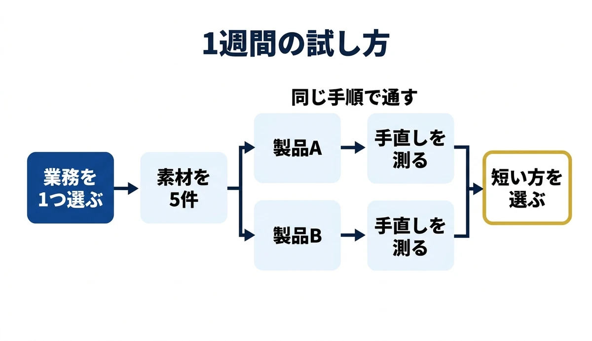 同じ素材5件を2製品に通し手直し時間が短い方を選ぶ1週間の手順