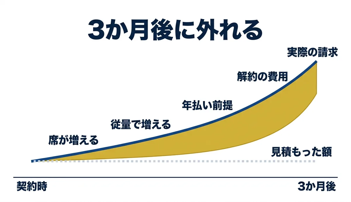 契約時の見積もりと3か月後の実際の請求が席数や従量で開いていく