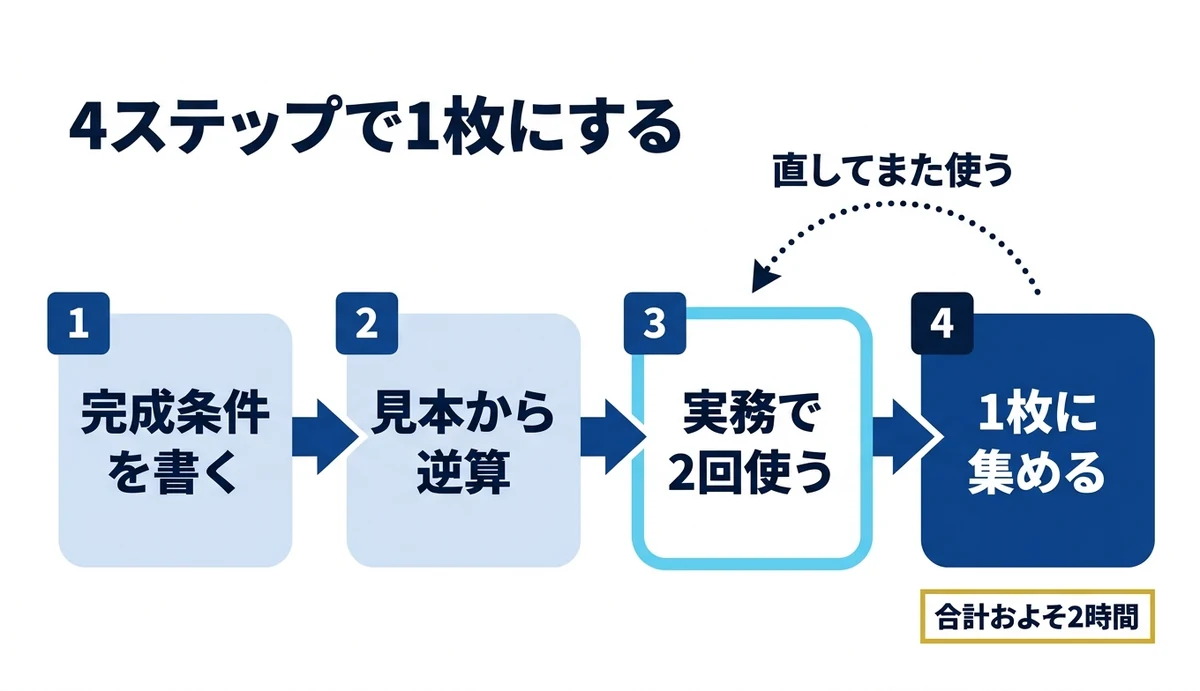 完成条件から逆算し実務で2回使って1枚にまとめる