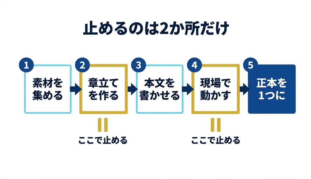5工程のうち章立てと現場確認の2か所で止める