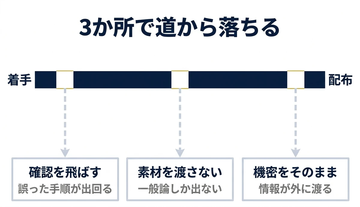 道の3か所で落ちる。確認・素材・機密のつまずき