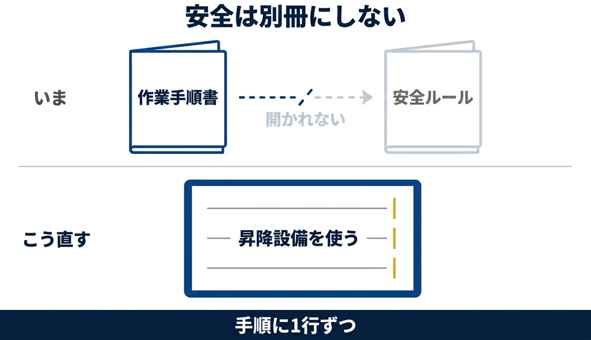 安全を別冊にする形と手順の中に1行ずつ入れる形
