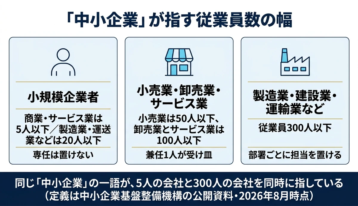 中小企業の法律上の範囲は従業員5人から300人まで