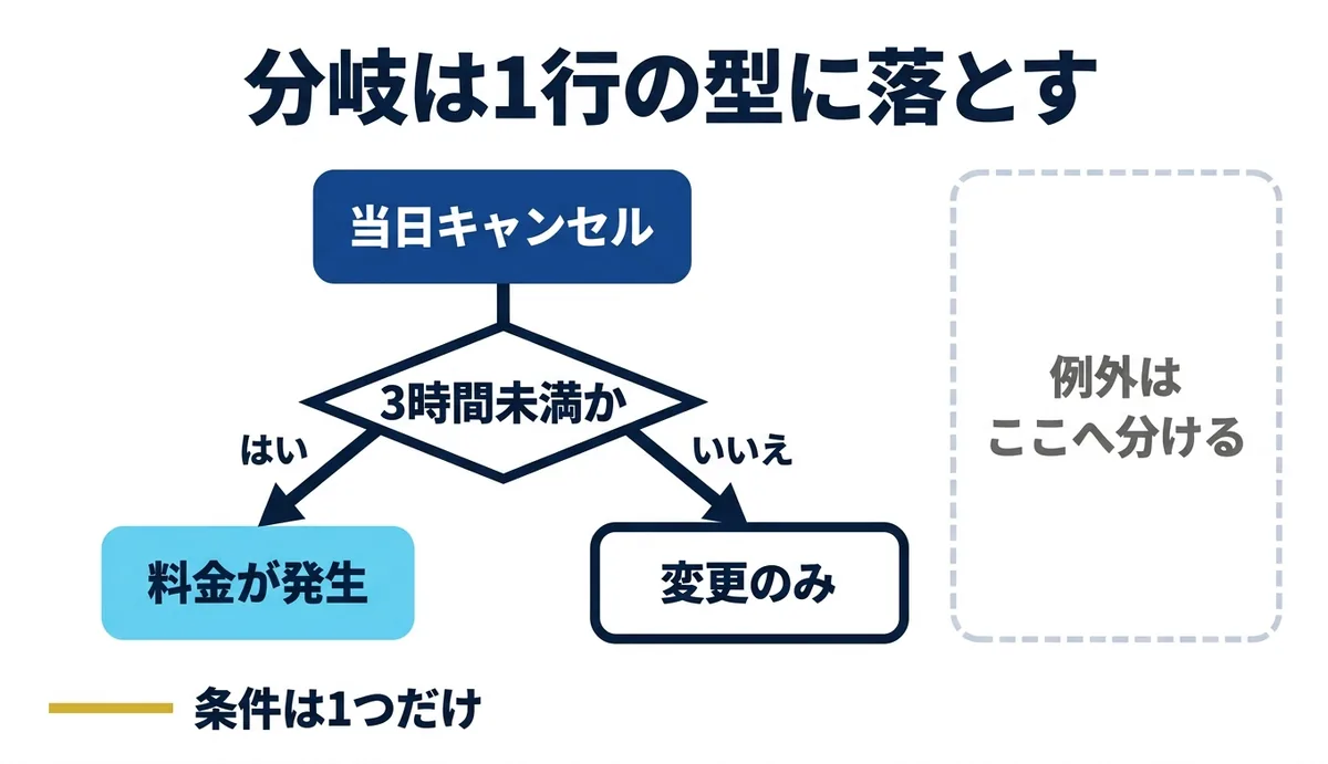 分岐を条件のひし形で2方向に分け例外は別枠にする