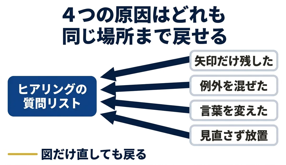 4つの原因はどれも質問リストまで遡って直せる