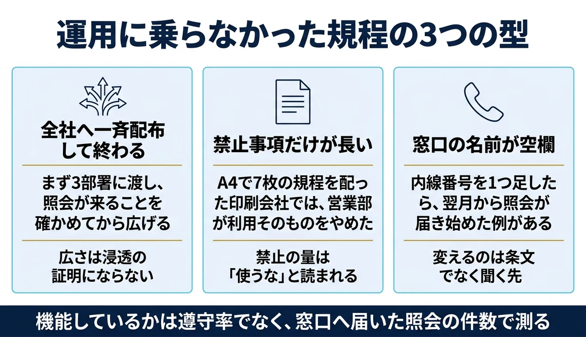 配って終わりの規程が翌週に開かれない3つの型