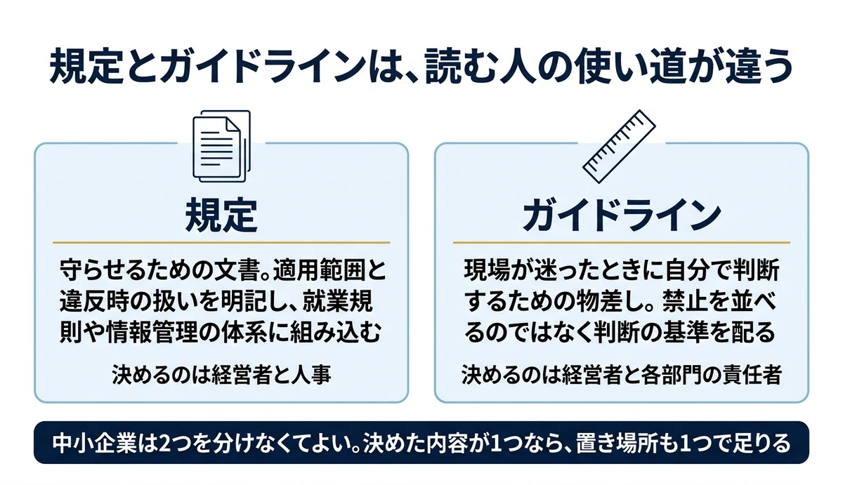 規定は守らせる文書、ガイドラインは迷ったときの物差し