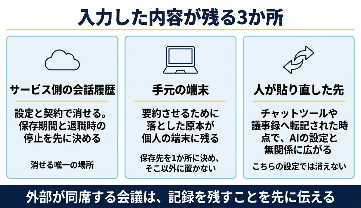 履歴はサービス側・端末・転記先の3か所に残る