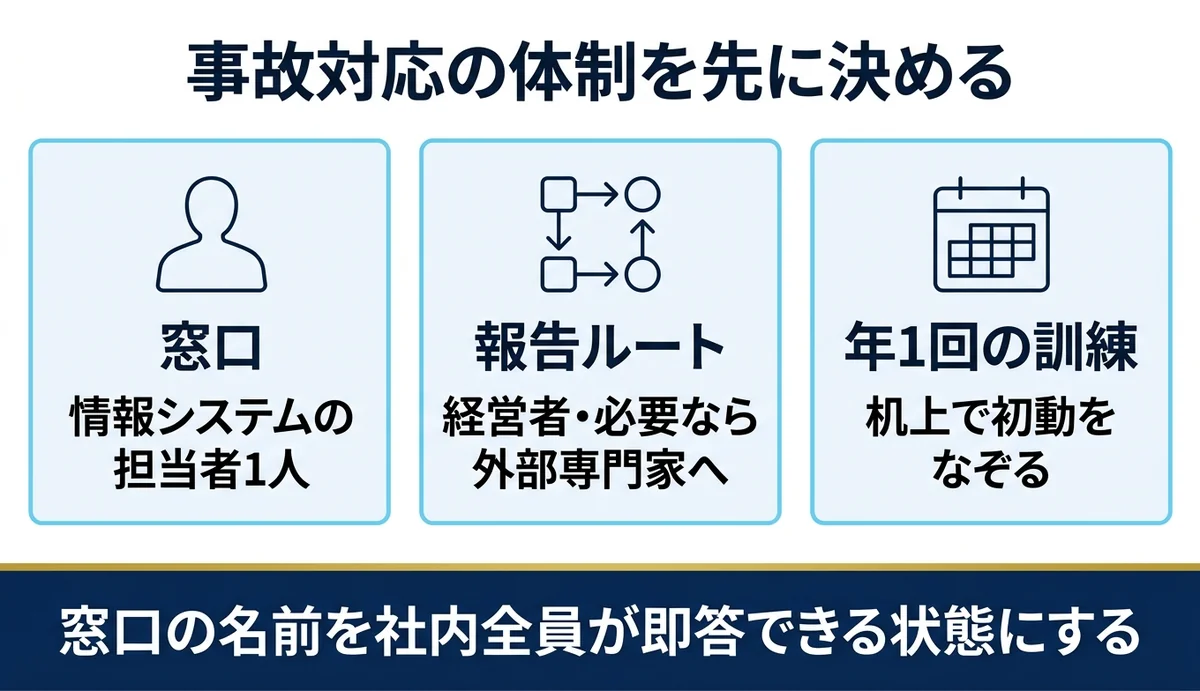 漏洩発生時の窓口と年1回の訓練で対応体制を作る