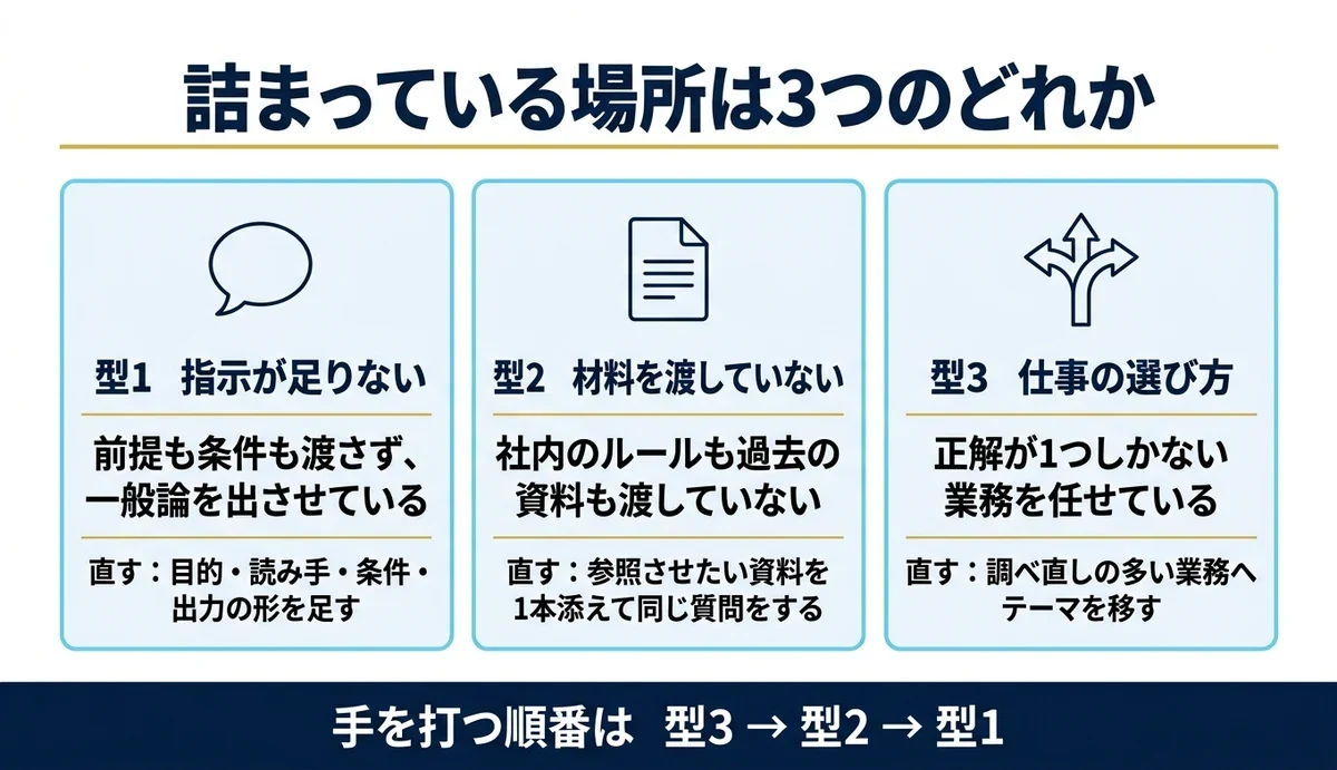 原因は指示・材料・仕事の選び方の3つに分かれる