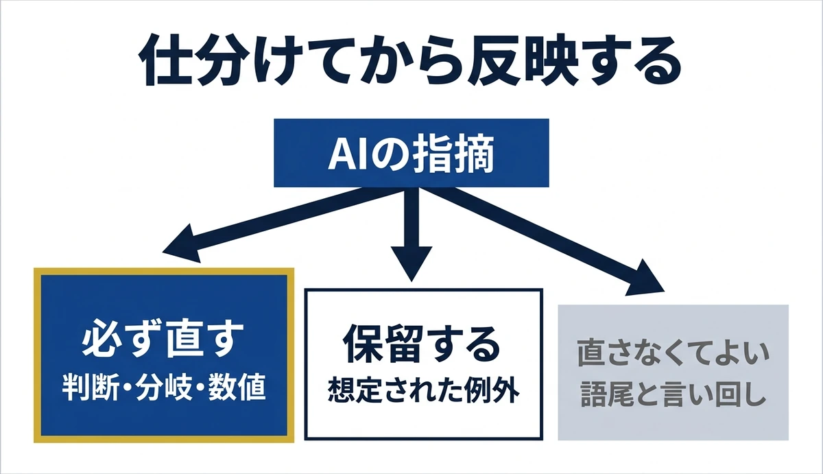 必ず直すのは判断と分岐と数値、表現の指摘は後回し