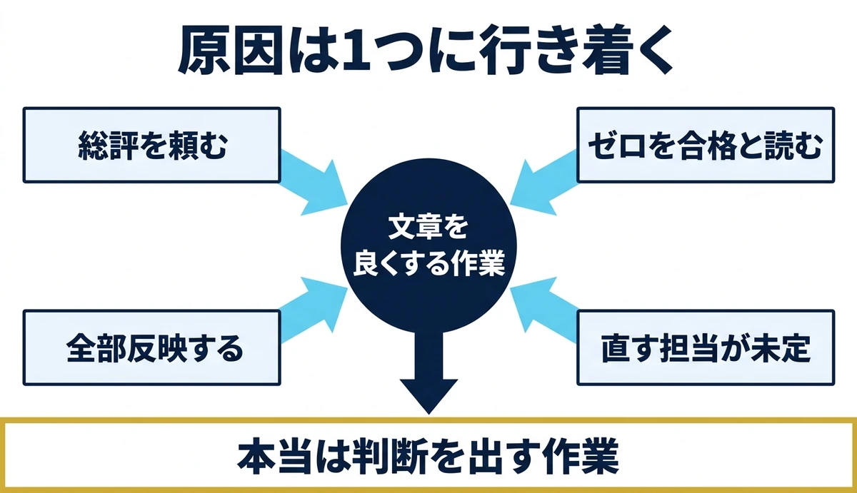 4つの原因はすべて検査を文章改善と取り違えた点に戻る