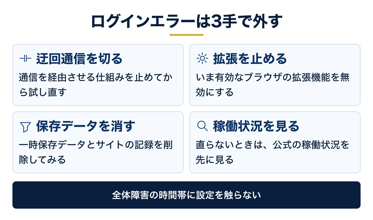 ログインエラーは迂回通信と拡張機能から外す