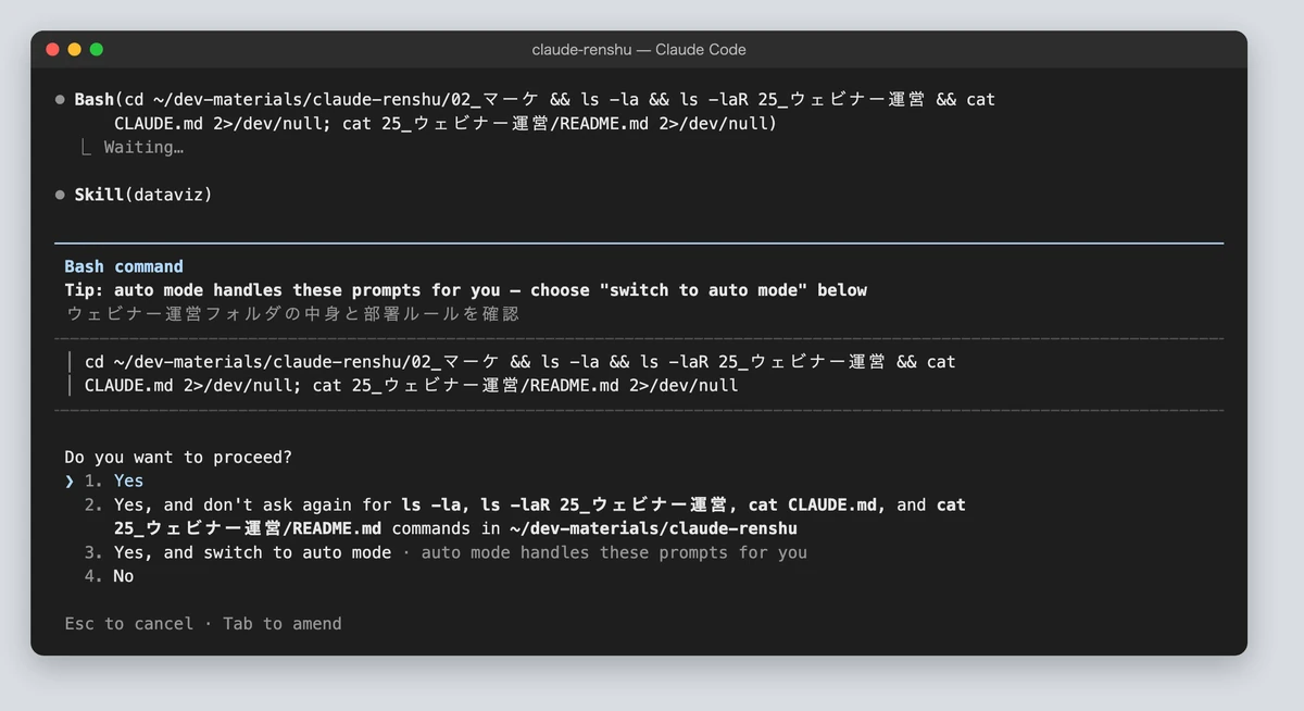 Claude Codeが途中で許可を求めた画面
