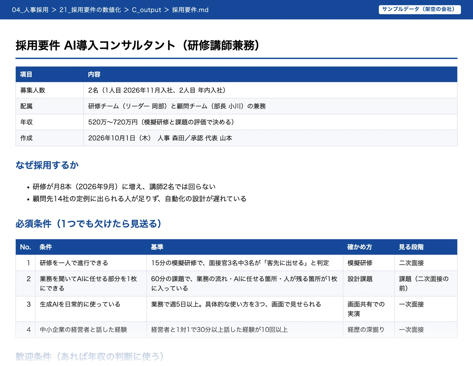 採用要件の成果物。必須条件とそれぞれの確かめ方