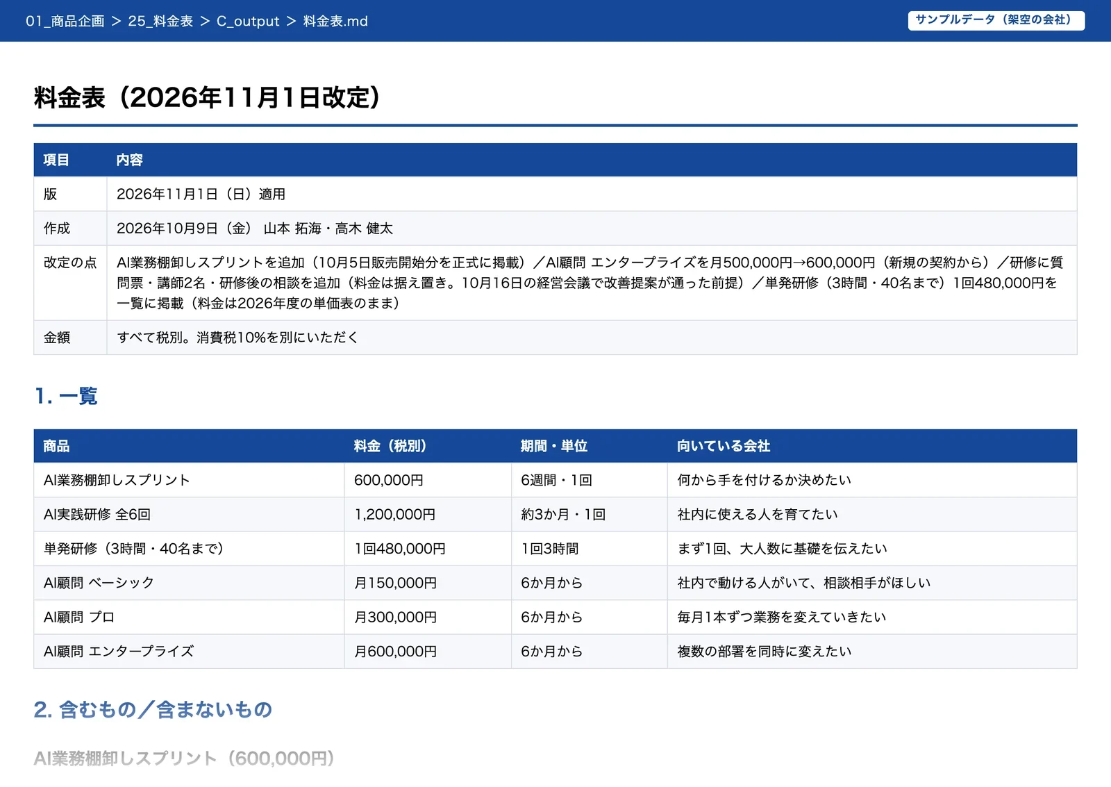 料金表の成果物。商品ごとの料金・期間・向いている会社