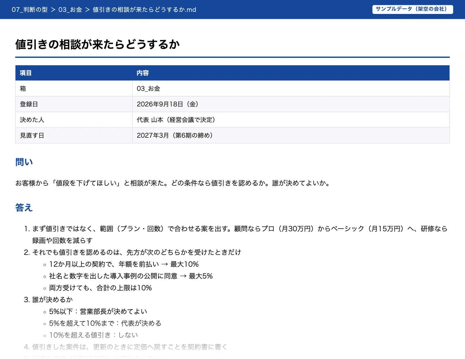 判断の型のカード。値引きの相談が来たらどうするかの答えと条件