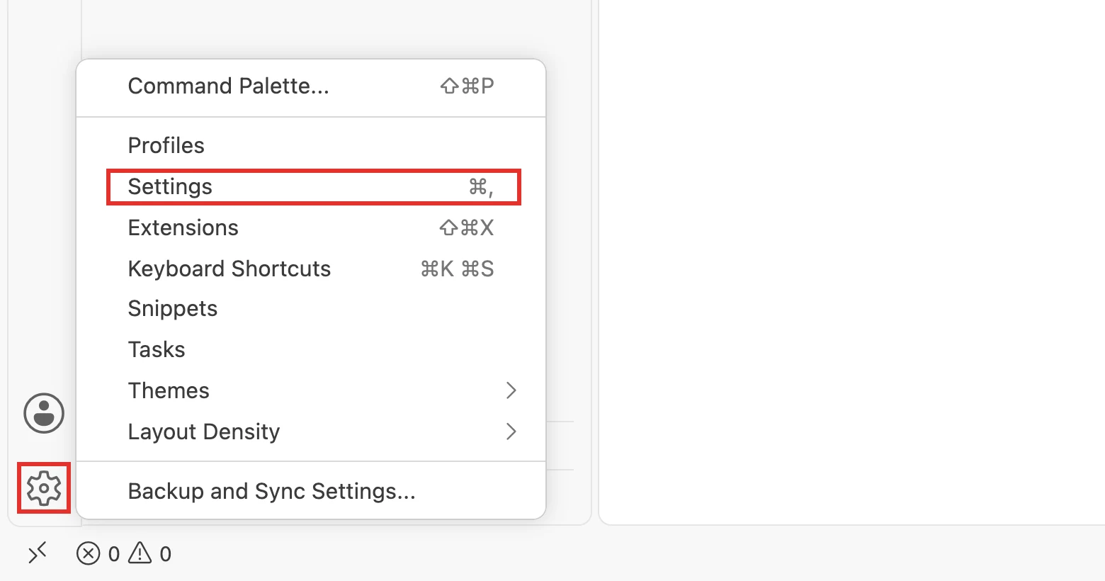 VS Codeの歯車メニューのSettings