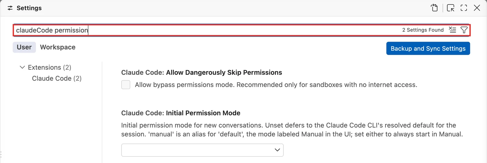 設定の検索欄にclaudeCode permission