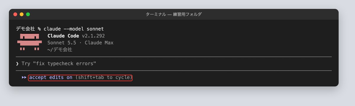 起動時にaccept edits onと出た画面