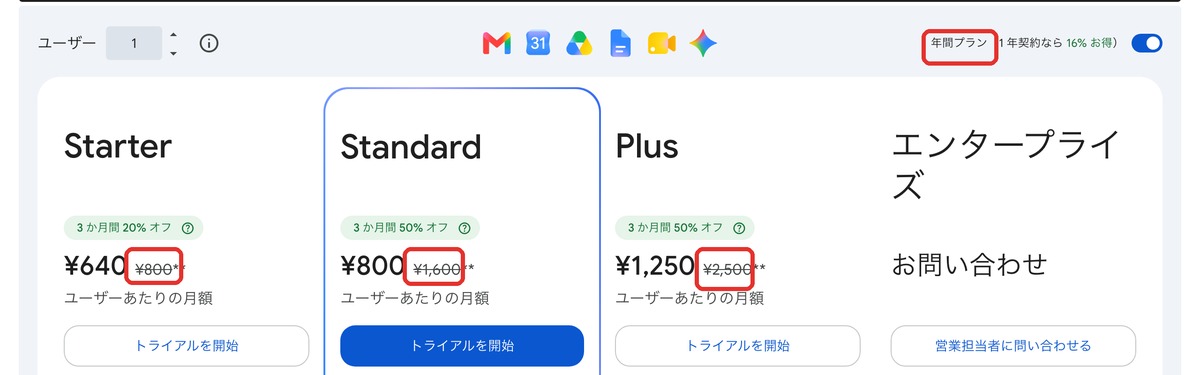Google Workspaceの公式料金(3プラン)