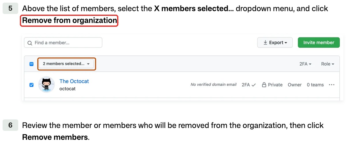 GitHub公式ヘルプ。組織からメンバーを外す手順