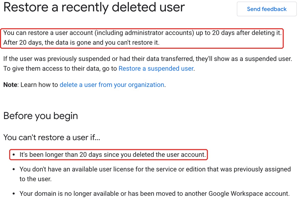 Google公式ヘルプ。削除から20日を過ぎると戻せない