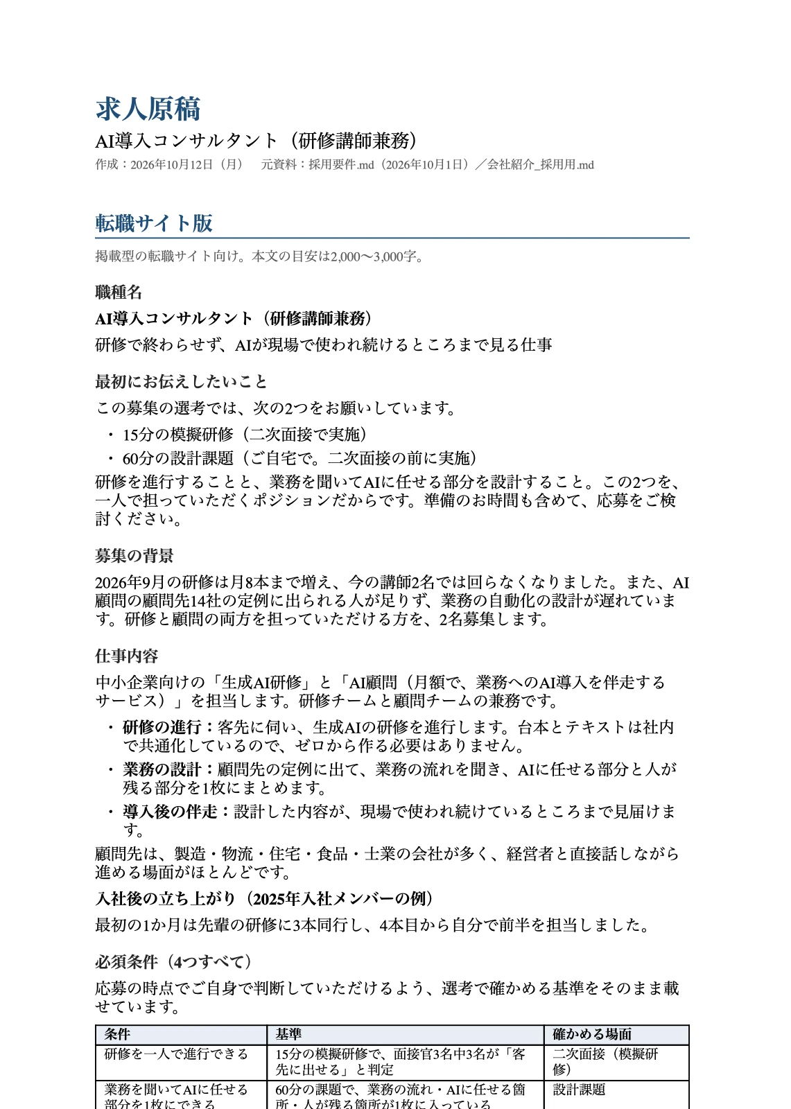 Coworkが作った求人原稿のWordファイル。転職サイト用とSNS用