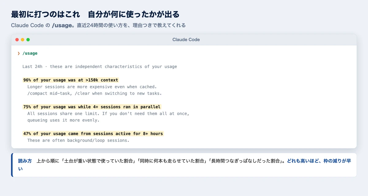 自分の使い方の内訳が出るusageの画面