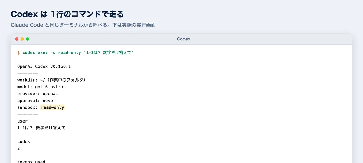Codexを1行のコマンドで走らせた実画面