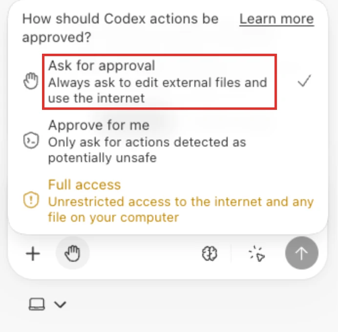 VS CodeのCodexの権限メニュー